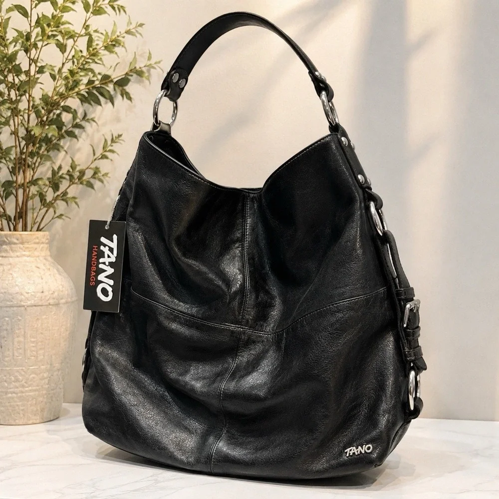 TANO Black Leather Hobo Shoulder Bag Purple Lining Studded Hardware